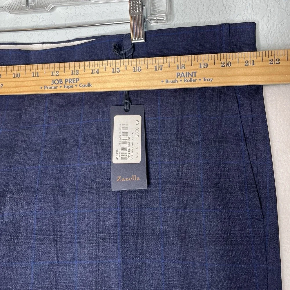 Zanella NWT Dress Pants Size 42 US Devon Navy Blue Plaid 100% Wool $350